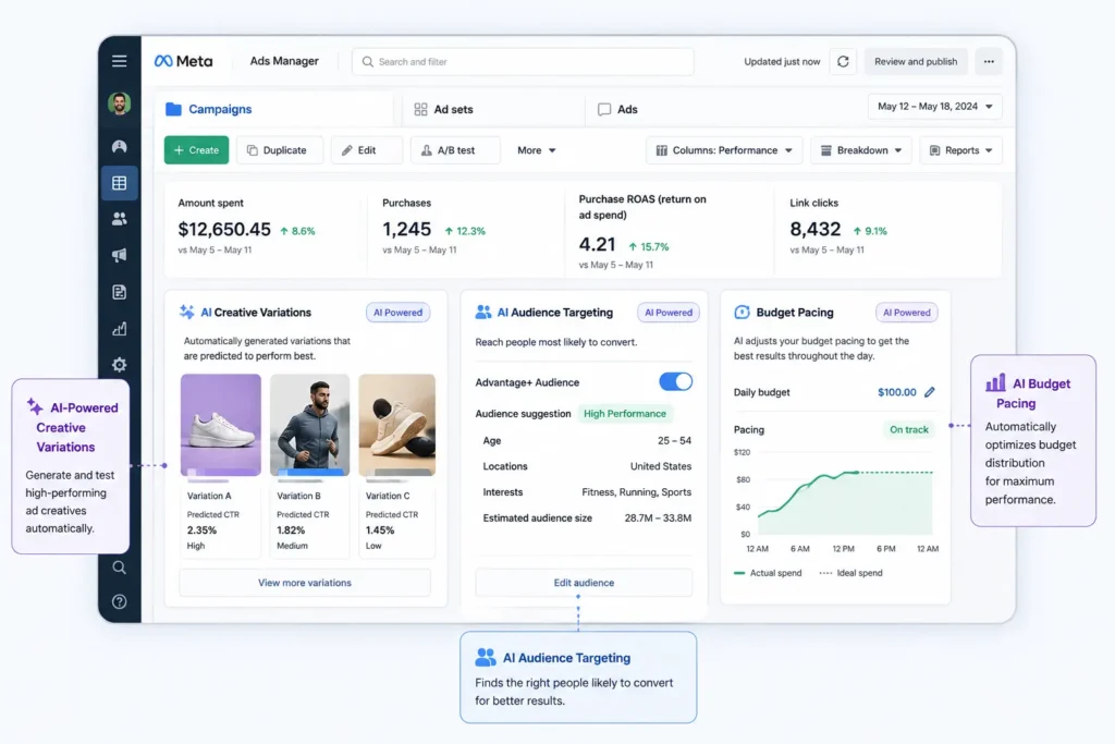 AI Facebook Ads dashboard showing creative, targeting, and budget automation