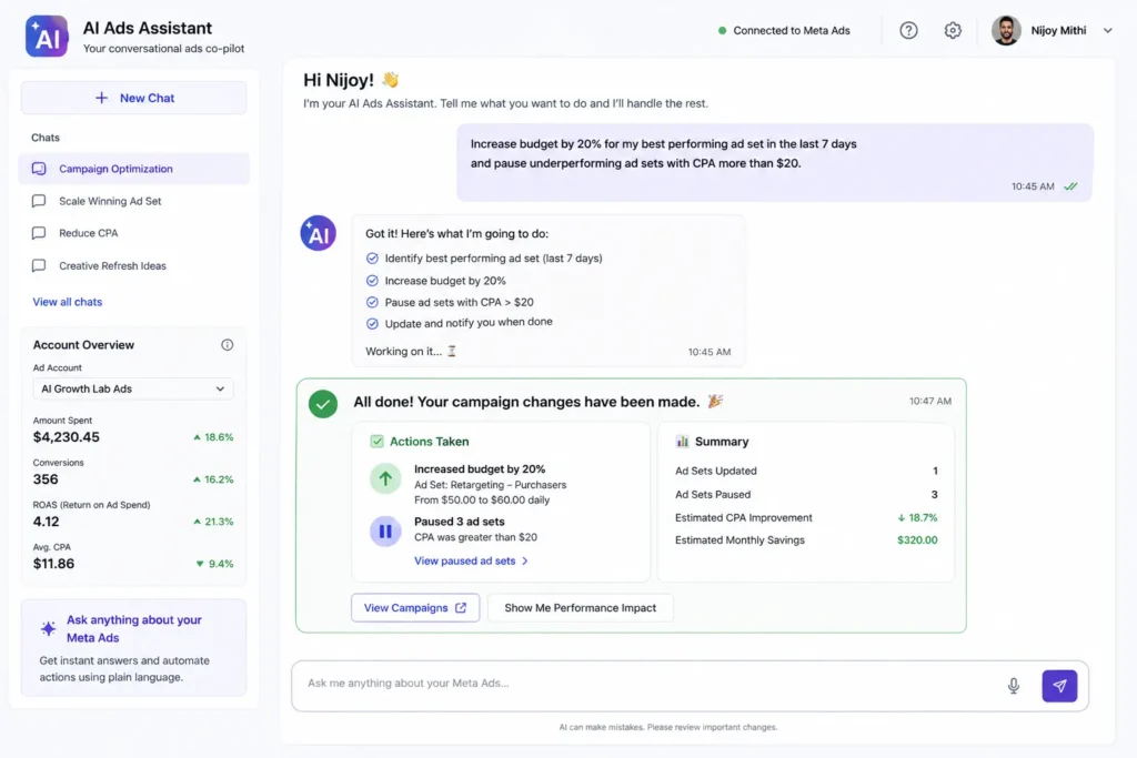 Meta Advantage+ shown as the foundation layer for additional AI tools