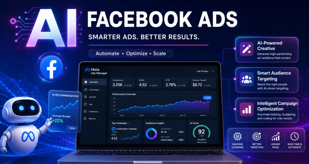 AI-powered Facebook Ads dashboard with Meta Ads automation, smart audience targeting, creative generation, campaign optimization, and ROAS analytics