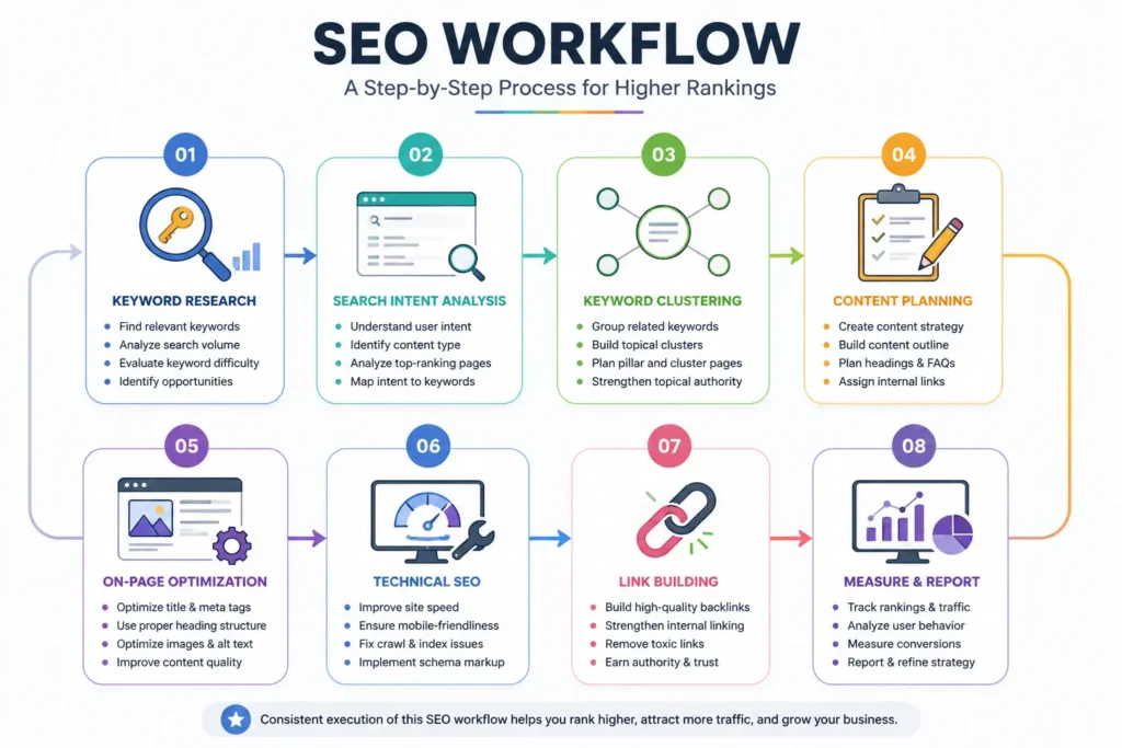 SEO workflow flowchart showing eight stages from research to reporting