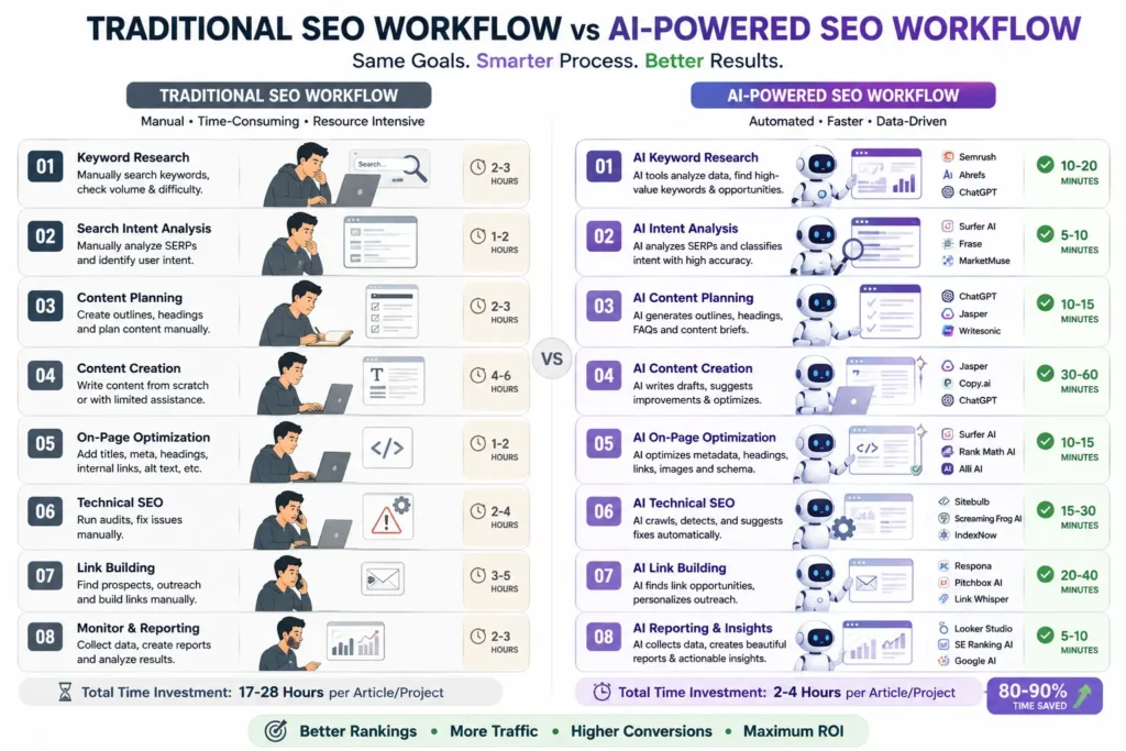 Traditional SEO workflow compared to an AI-powered automated workflow