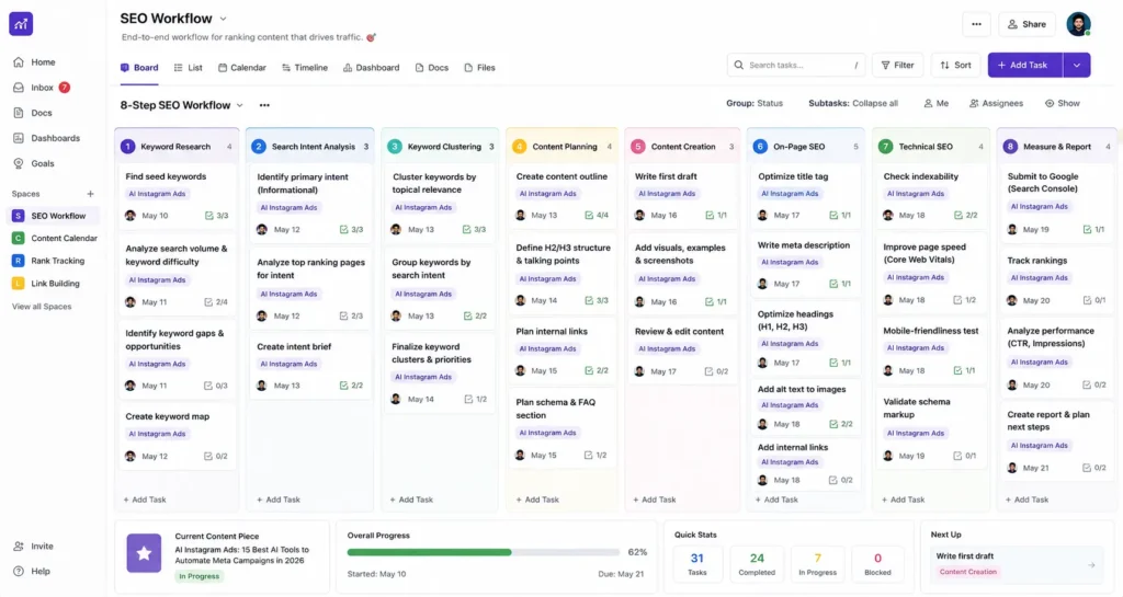 Project management board showing the 8 stages as columns with sample tasks