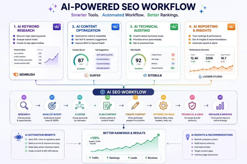 Four AI tools connected across for research, optimization, auditing, and reporting