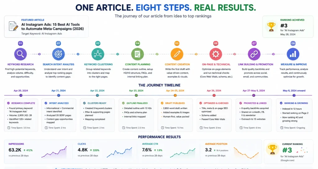 Timeline showing one article's journey through the 8-step SEO workflow