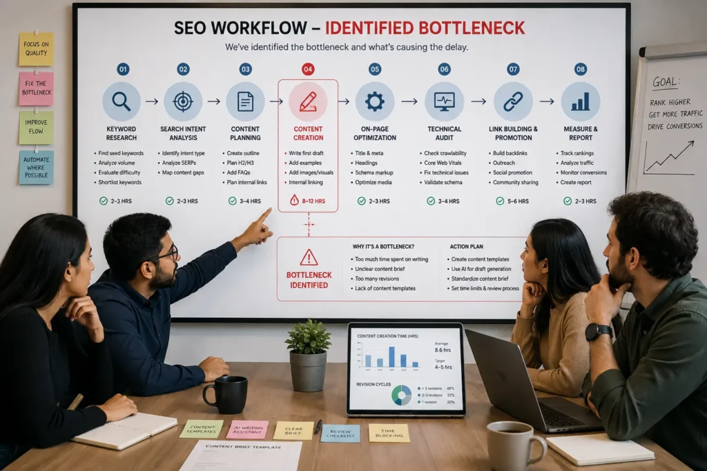 Team reviewing an SEO diagram to identify a bottleneck