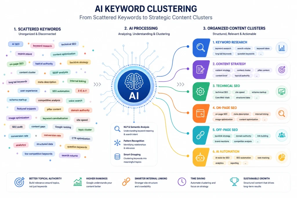 AI keyword clustering organizing scattered keywords into color-coded groups