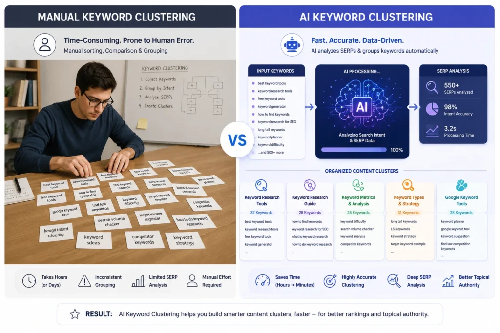 Manual keyword sorting compared to AI-powered SERP-based clustering