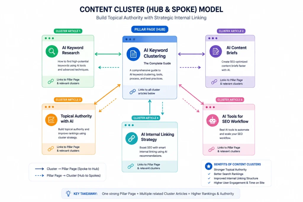Hub-and-spoke diagram showing a pillar page linked to cluster articles