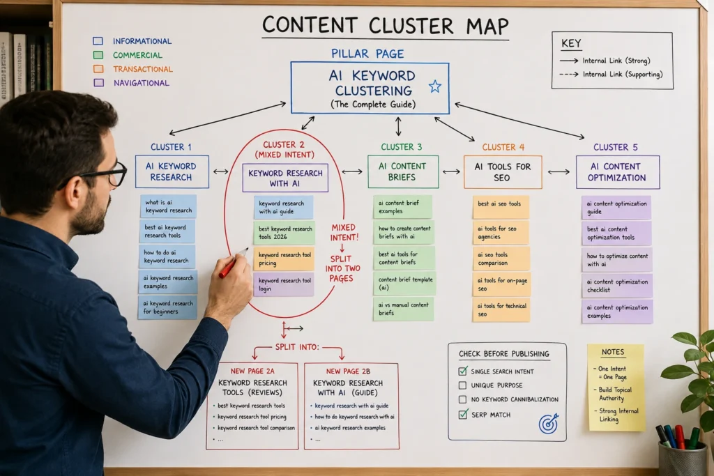Strategist reviewing a keyword cluster map to flag a mixed-intent grouping