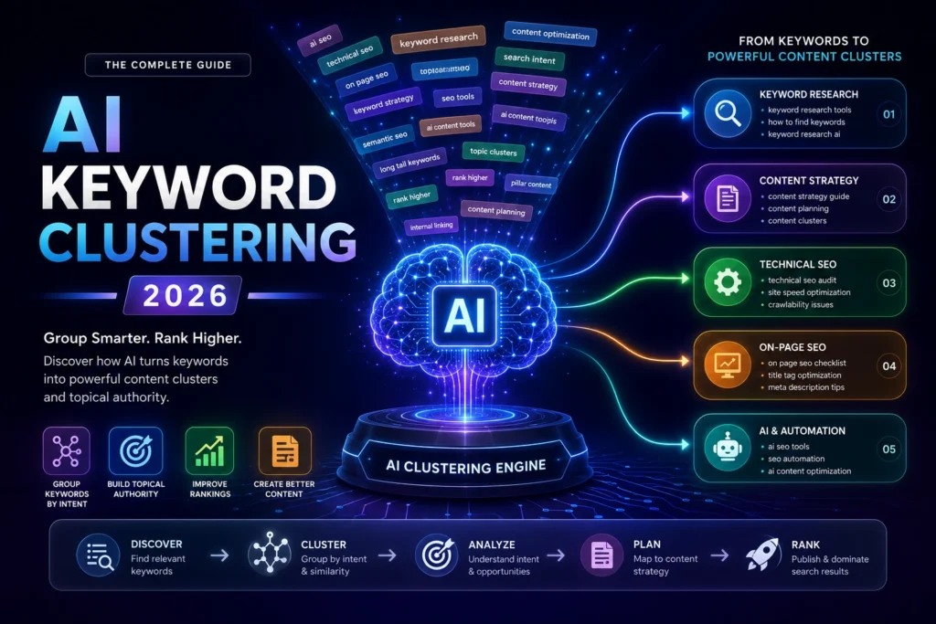 AI Keyword Clustering in 2026 visualized as an AI-powered engine transforming keywords into structured SEO content clusters and topical authority.