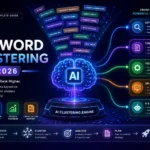 AI Keyword Clustering in 2026 visualized as an AI-powered engine transforming keywords into structured SEO content clusters and topical authority.