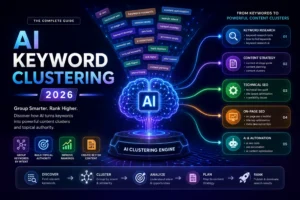 AI Keyword Clustering in 2026 visualized as an AI-powered engine transforming keywords into structured SEO content clusters and topical authority.