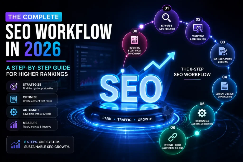 SEO Workflow in 2026 illustrated as an 8-step AI-powered SEO process with keyword research, content optimization, technical SEO, internal linking, and reporting.