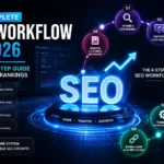 SEO Workflow in 2026 illustrated as an 8-step AI-powered SEO process with keyword research, content optimization, technical SEO, internal linking, and reporting.