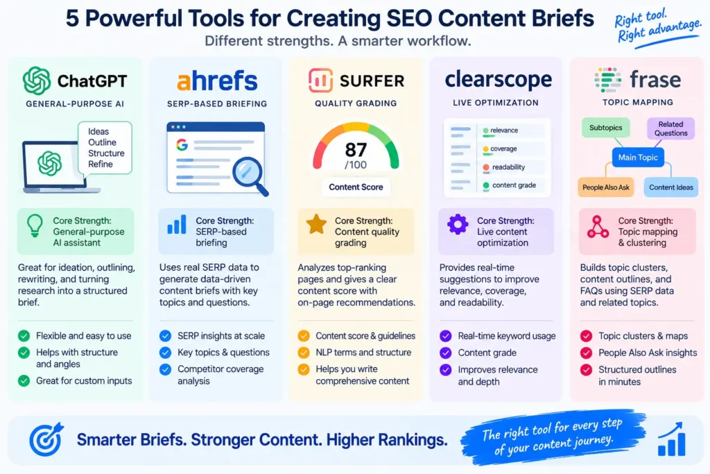 Five AI content brief generator tools compared by core strength