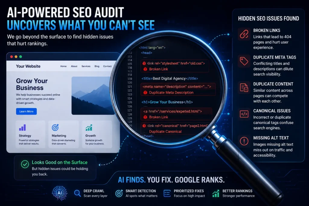 Magnifying glass revealing hidden technical SEO issues in website code