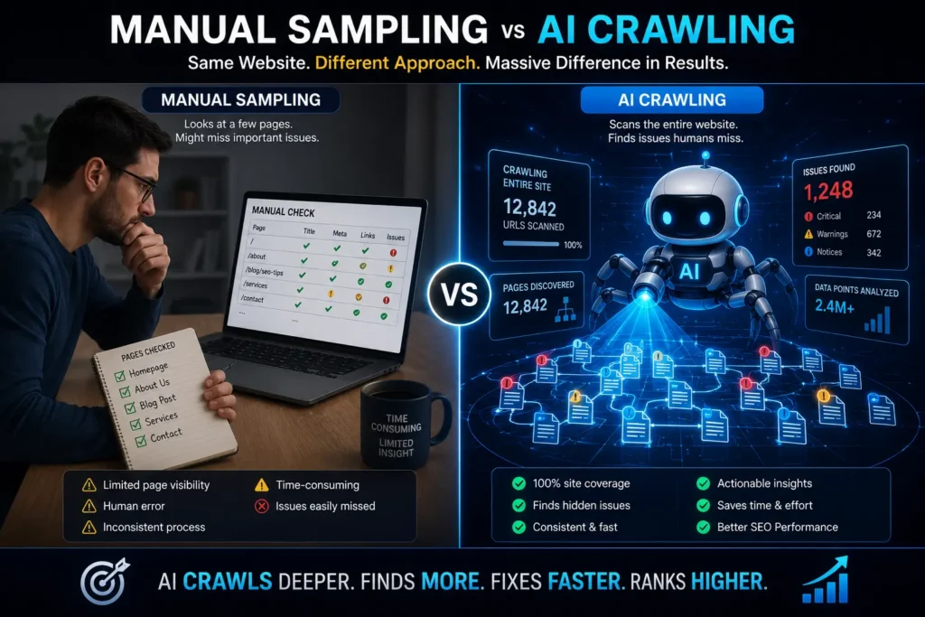 Manual page sampling compared to a full AI-powered site crawl