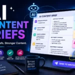 AI content brief showing keywords, search intent, content outline, SERP insights, and brand context