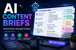 AI content brief showing keywords, search intent, content outline, SERP insights, and brand context