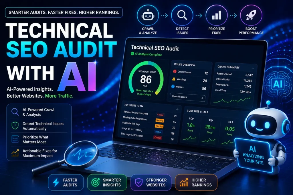 AI-powered technical SEO audit dashboard showing website health, crawl issues, and prioritized SEO fixes