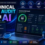 AI-powered technical SEO audit dashboard showing website health, crawl issues, and prioritized SEO fixes