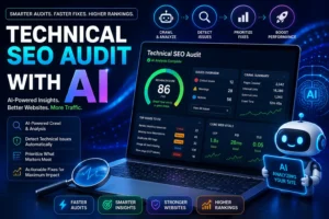 AI-powered technical SEO audit dashboard showing website health, crawl issues, and prioritized SEO fixes