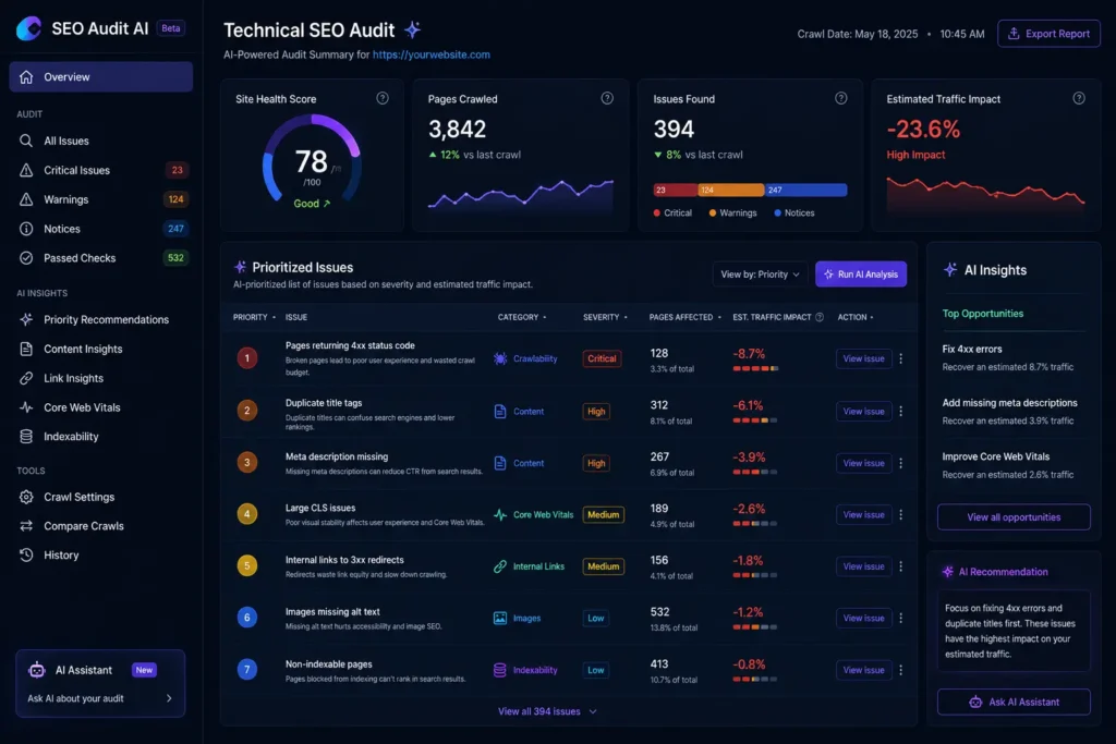 AI technical SEO audit dashboard showing prioritized issues by impact