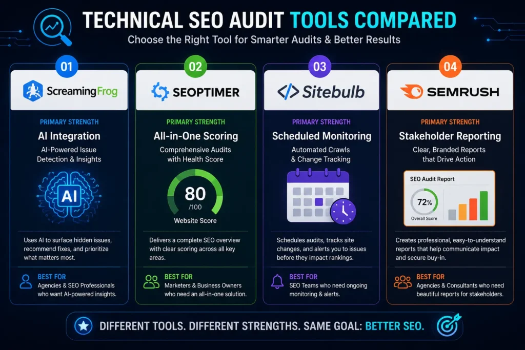 Four AI technical SEO audit tools compared by primary strength