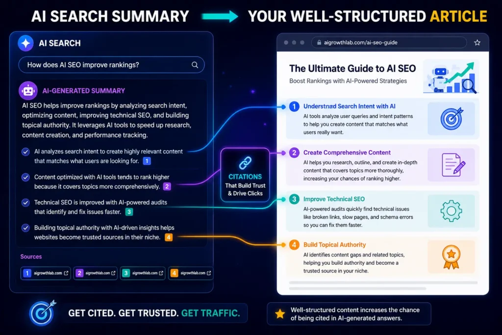 An AI-generated search summary illustration showing citation markers linking back to a well-structured article