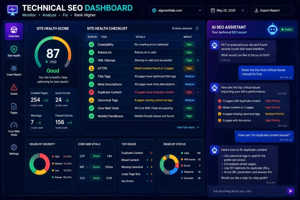 A technical dashboard illustration showing a checklist of site health items being reviewed alongside a chat interface