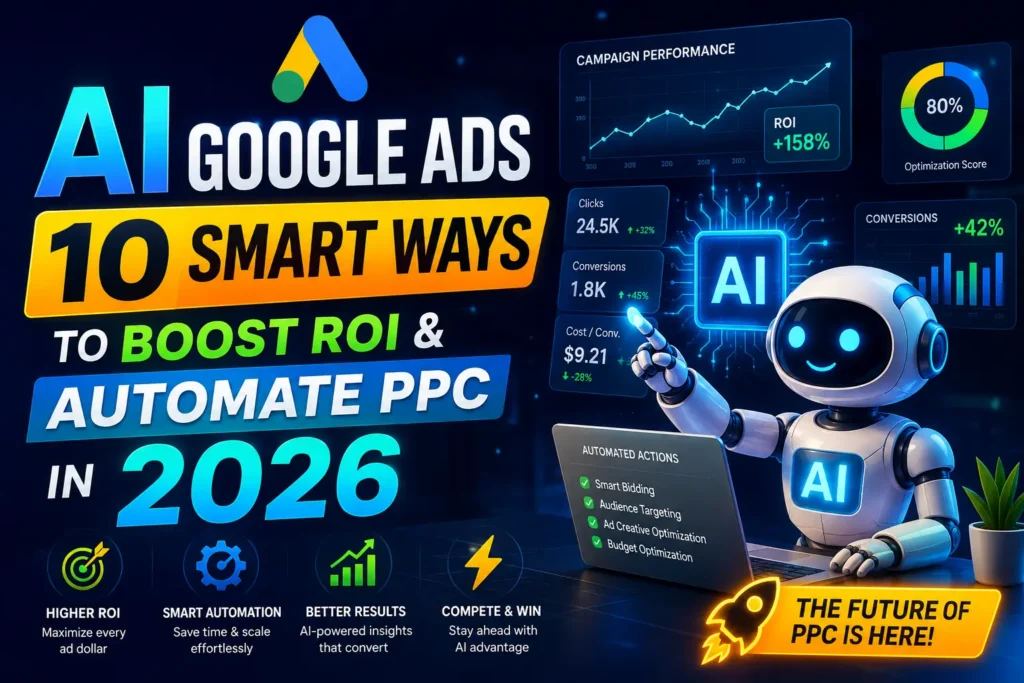 AI Google Ads dashboard showing automated PPC optimization, bidding, ROI, and campaign performance