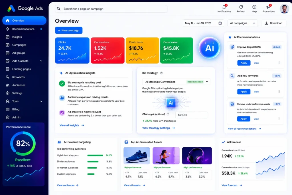 AI Google Ads dashboard showing highlighted bidding and targeting elements
