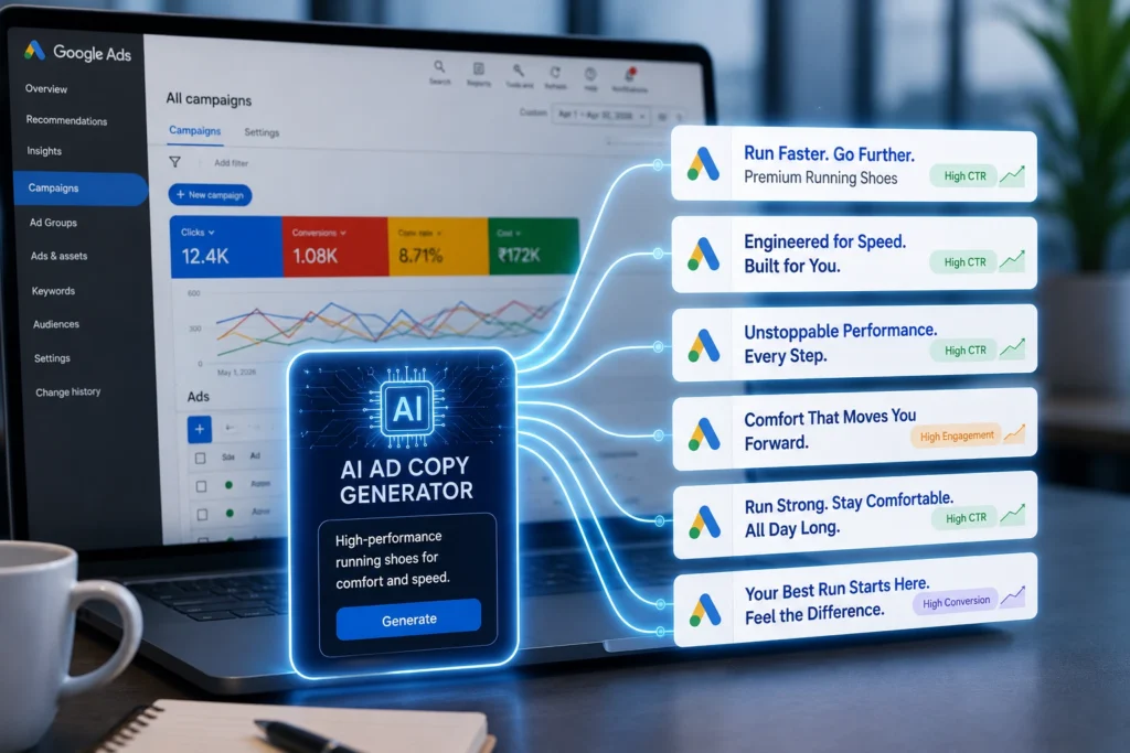 AI ad copy generator producing multiple headline variations for Google Ads