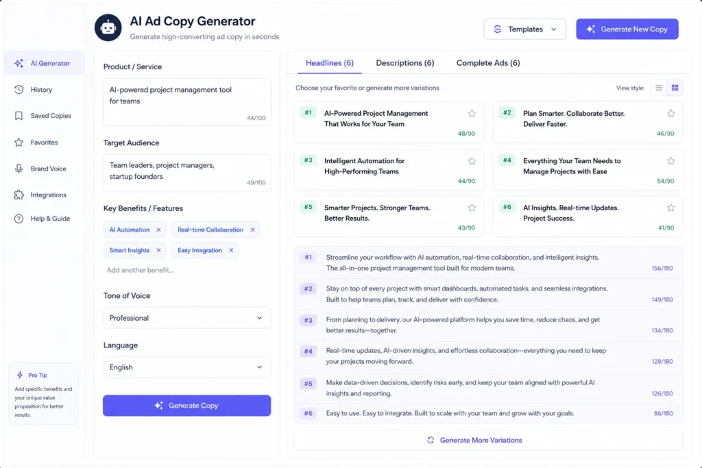 An interface showing headline and description variations