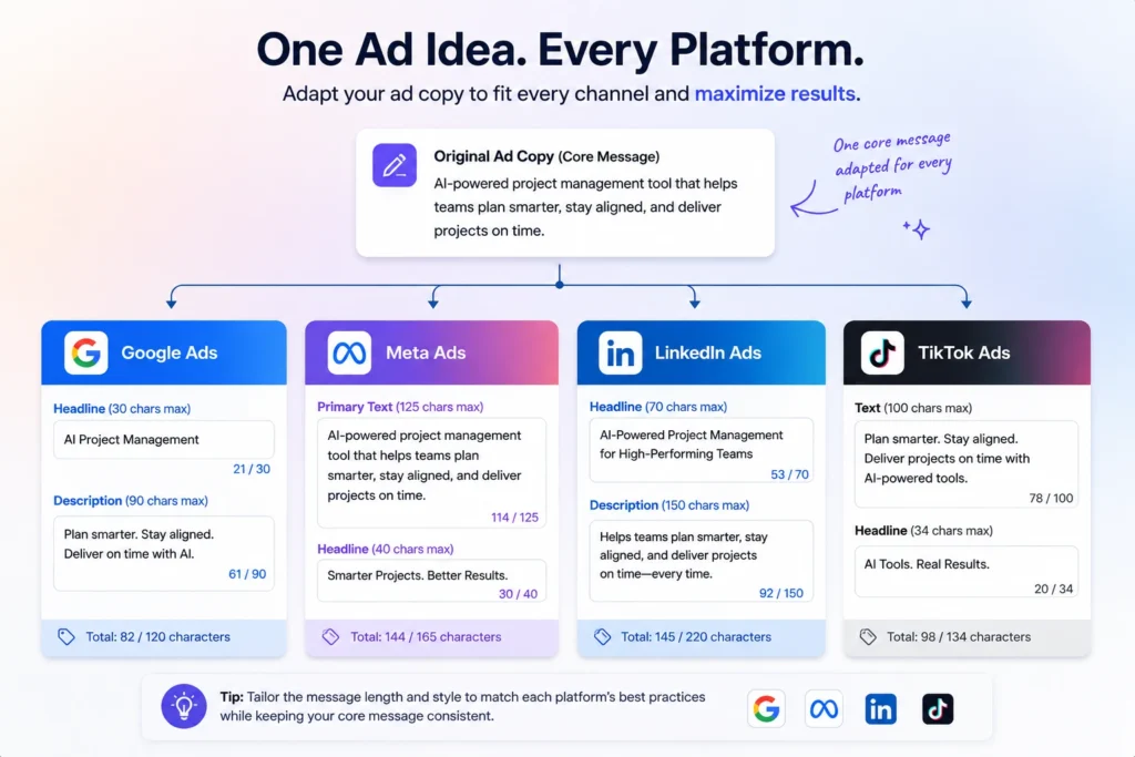 Ad copy adapted across Google, Meta, LinkedIn, and TikTok character limits