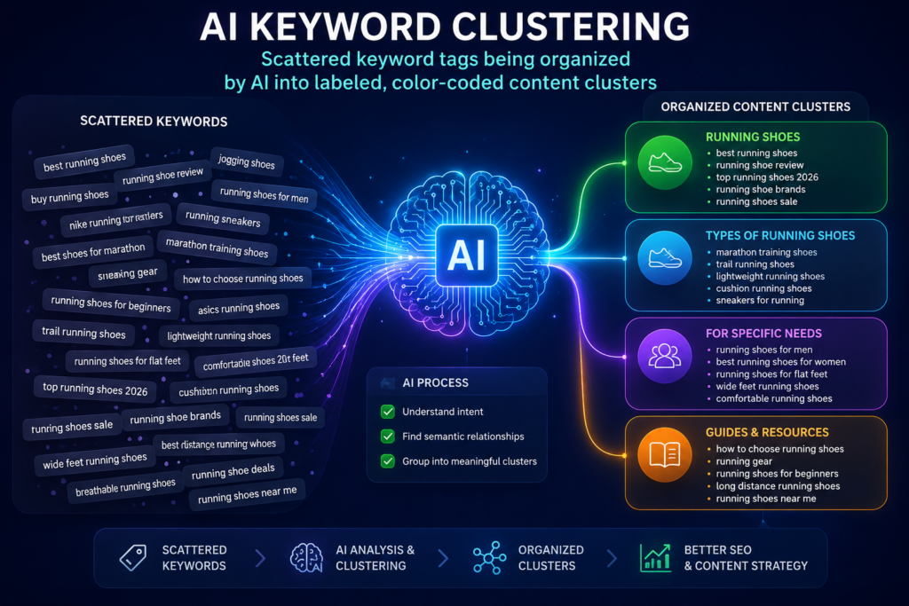 AI keyword clustering organizing scattered keywords into color-coded groups