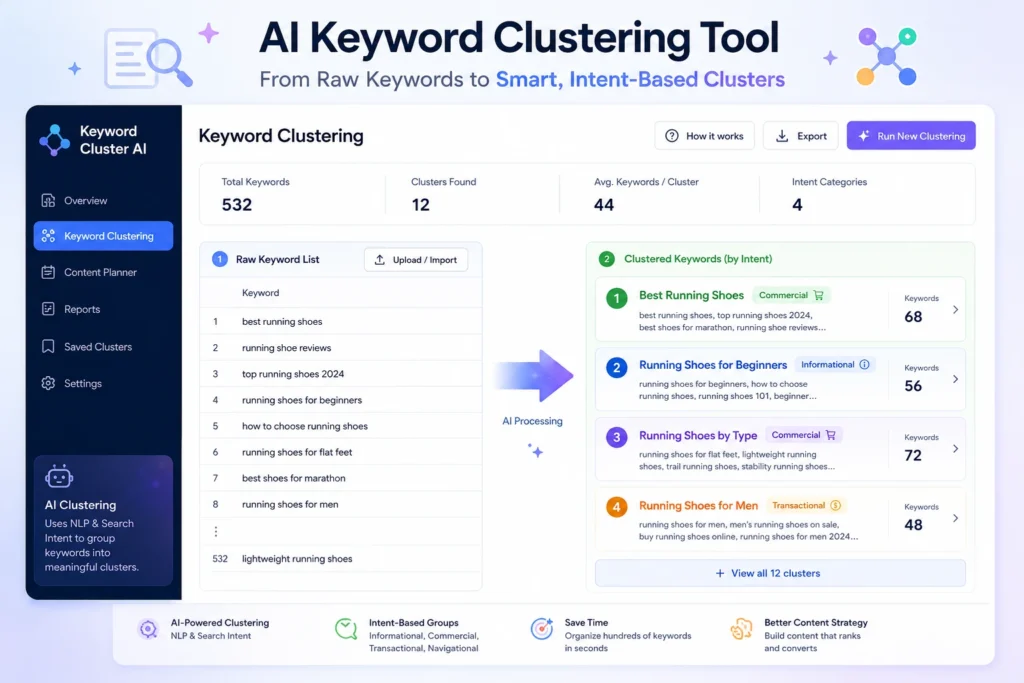 Keyword clustering tool interface showing clusters with intent labels