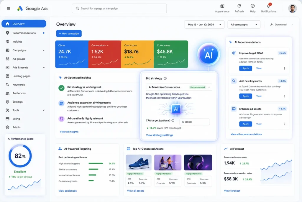 AI Google Ads dashboard showing highlighted bidding and targeting elements