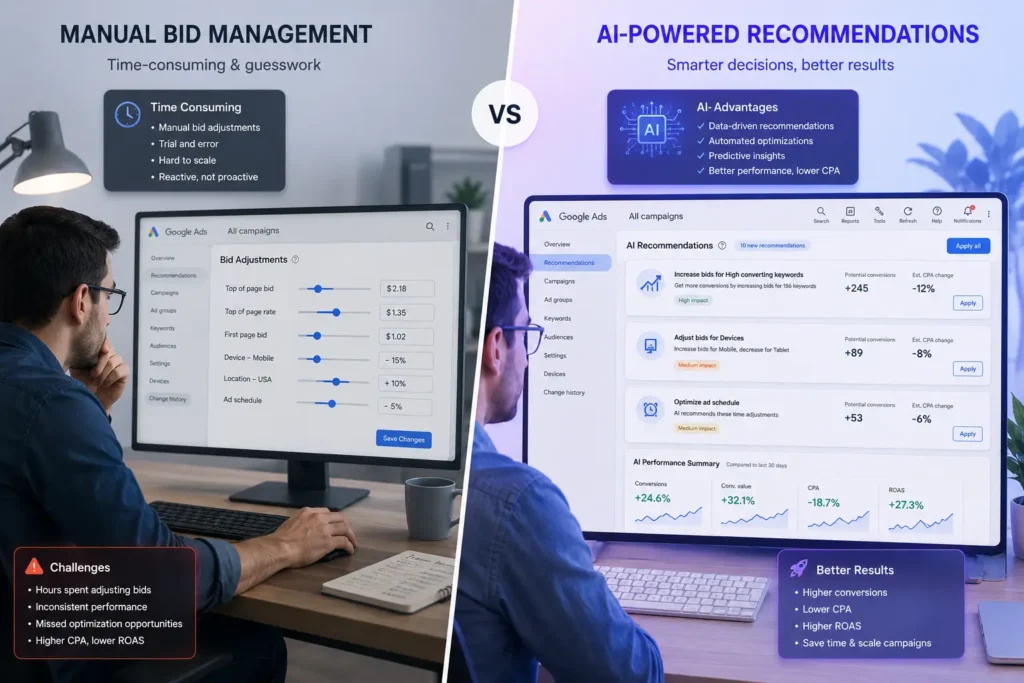 Marketer comparing manual bid adjustments to AI-generated recommendations