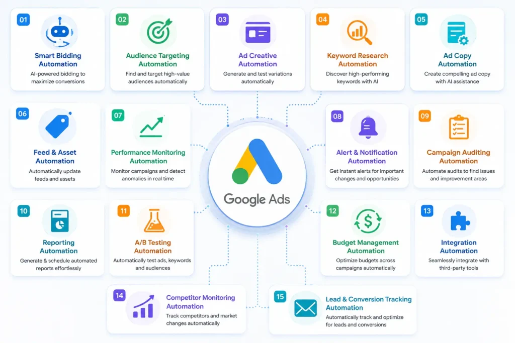 AI Google Ads tools organized by category around a central Google Ads logo