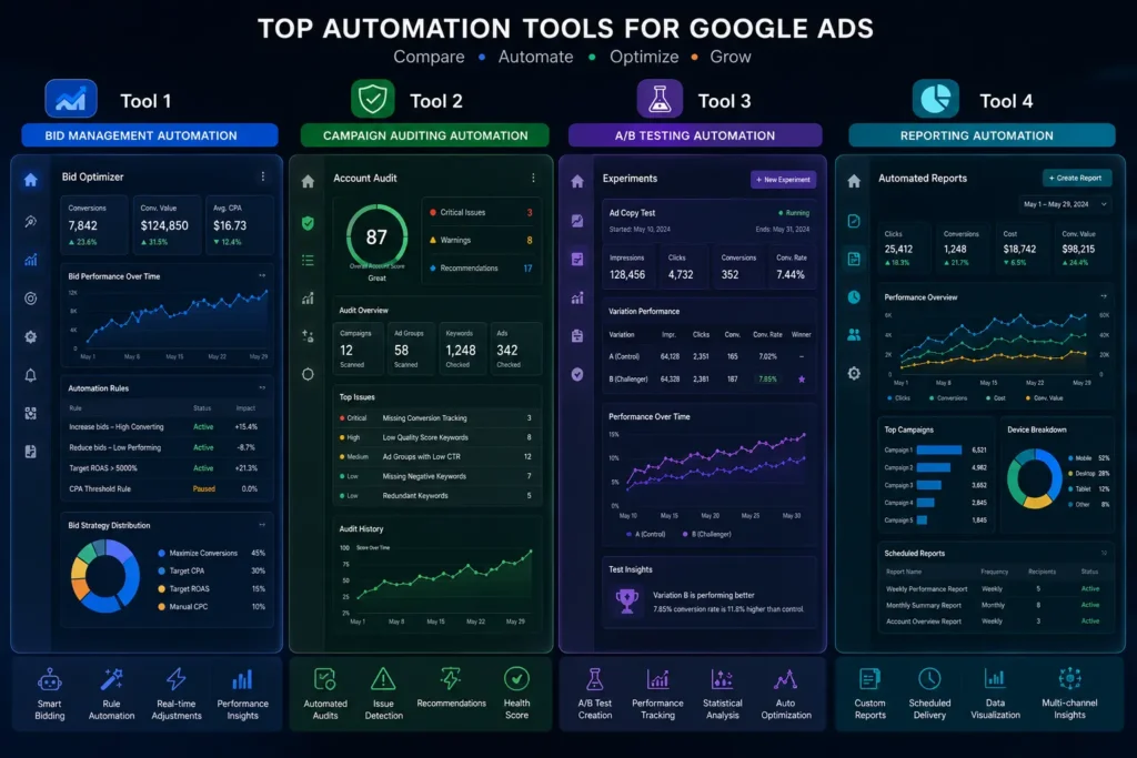 Comparison of four AI Google Ads automation tool dashboards