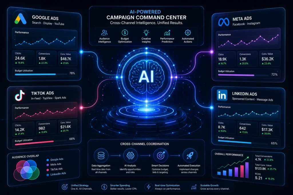 AI hub coordinating campaigns across Google Ads, Meta, TikTok, and LinkedIn