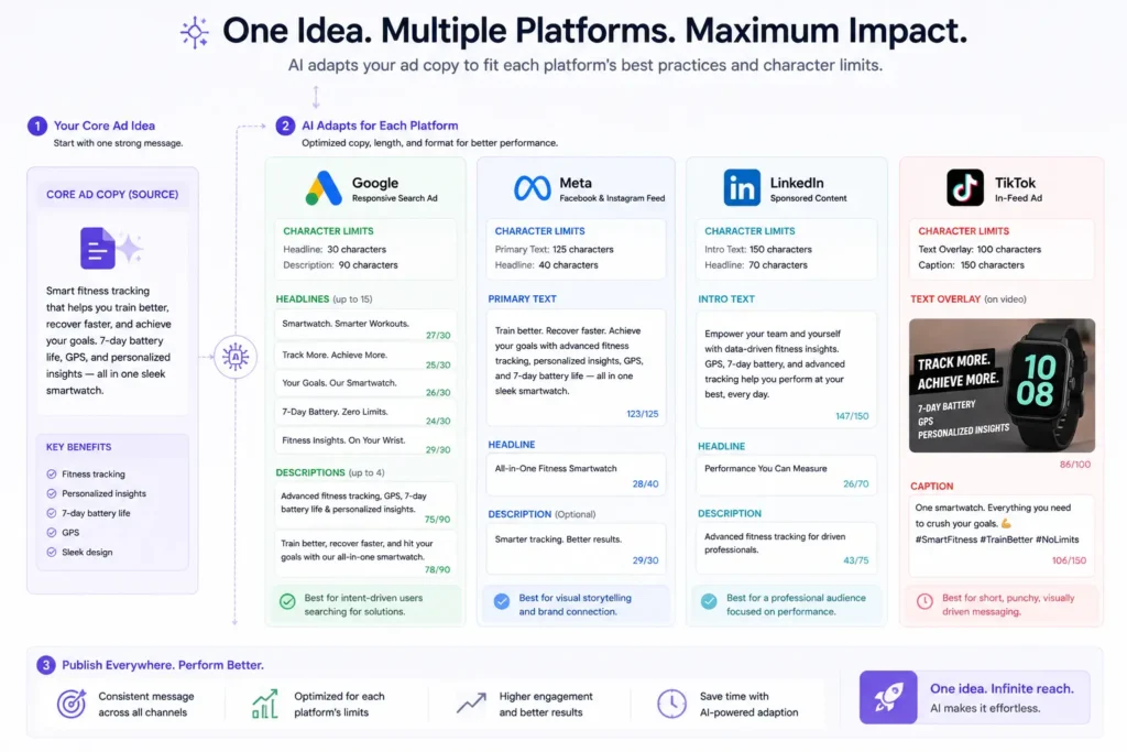 Ad copy adapted across Google, Meta, LinkedIn, and TikTok character limits