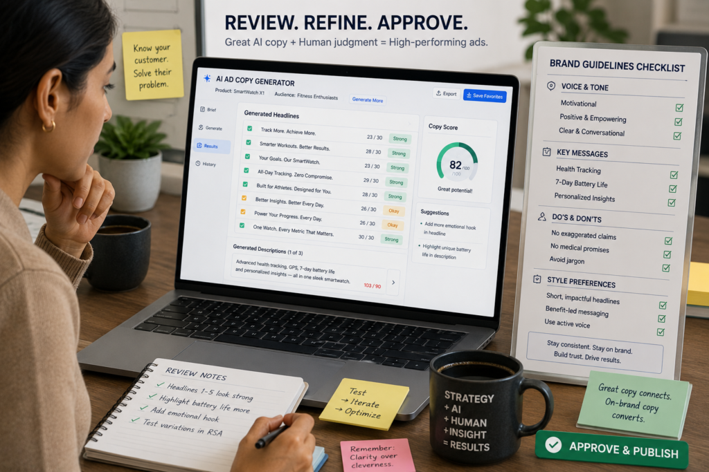 Marketer reviewing AI-generated ad copy against brand guidelines