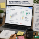 Marketer reviewing AI-generated ad copy against brand guidelines