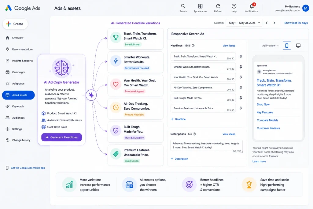 AI ad copy generator producing multiple headline variations for Google Ads