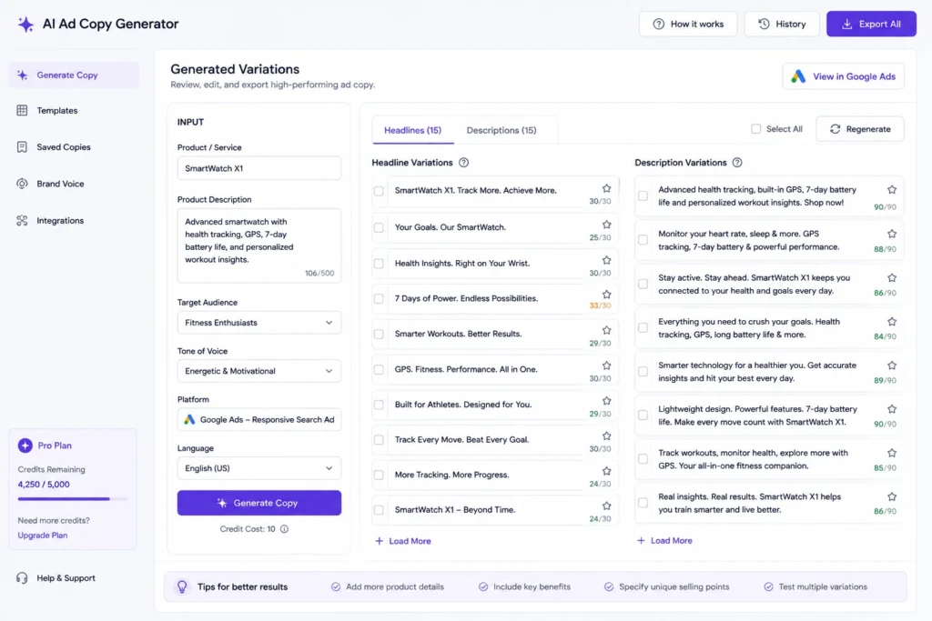 An interface showing headline and description variations