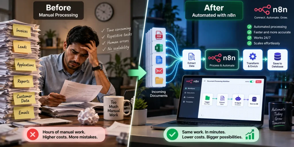 Before and after comparison of manual document processing and n8n automation