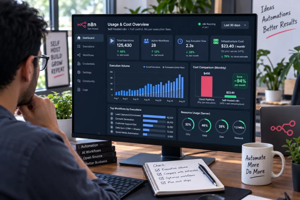 n8n self-hosted automation dashboard showing workflow usage and costs