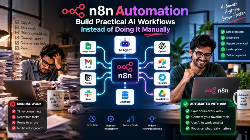 n8n automation connecting AI workflows and business tools to replace repetitive manual tasks